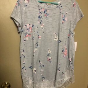 Blue gray floral shirt with tie back
